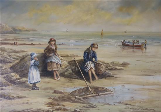 Roderick Lovesey, oil on board, Fishermans children on the shore, signed, 34 x 48cm